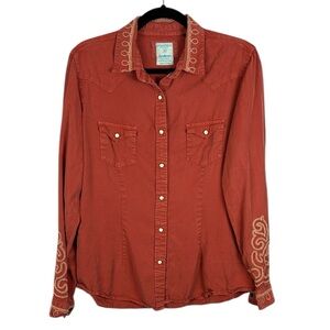Panhandle Rough Stock Western Tencel Embroidered Snap Shirt Medium Terracotta